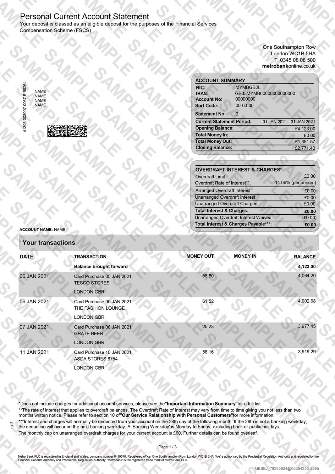 Metro Bank Statement