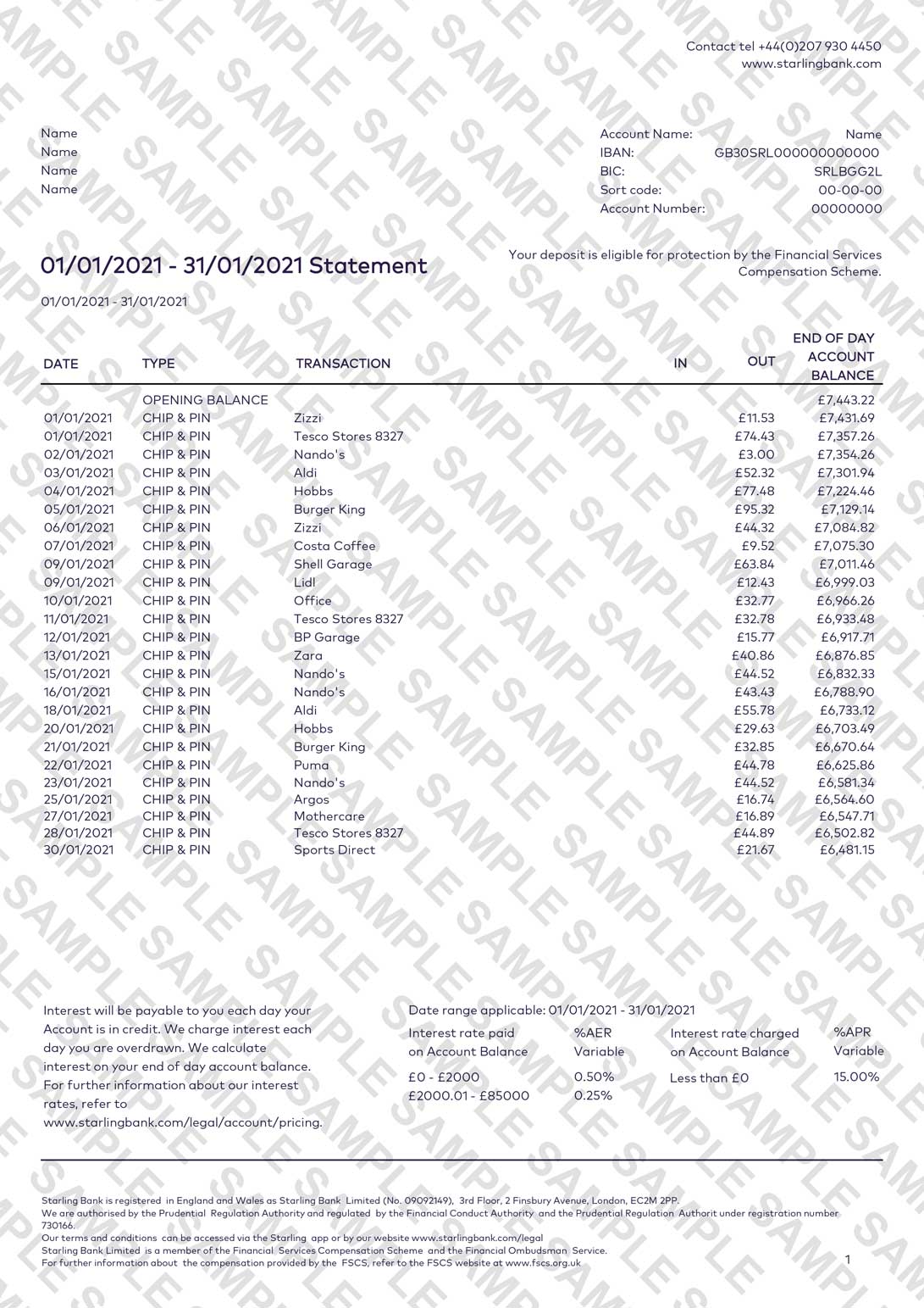 Starling Bank Statement